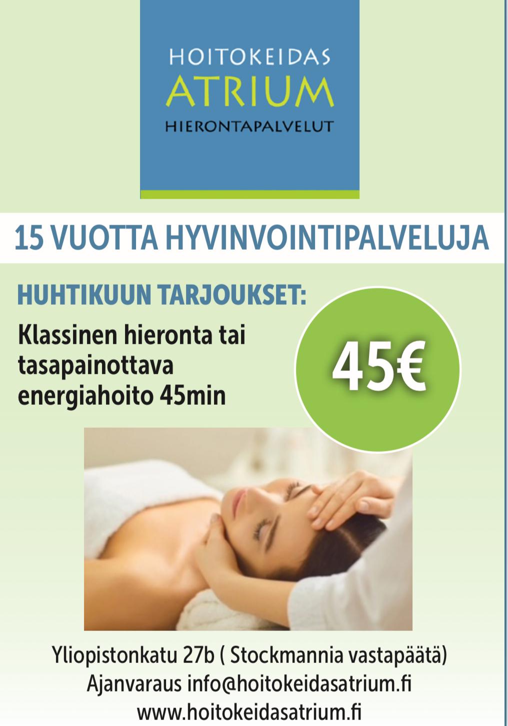 Tarjous 45€ – Hoitokeidas Atrium
